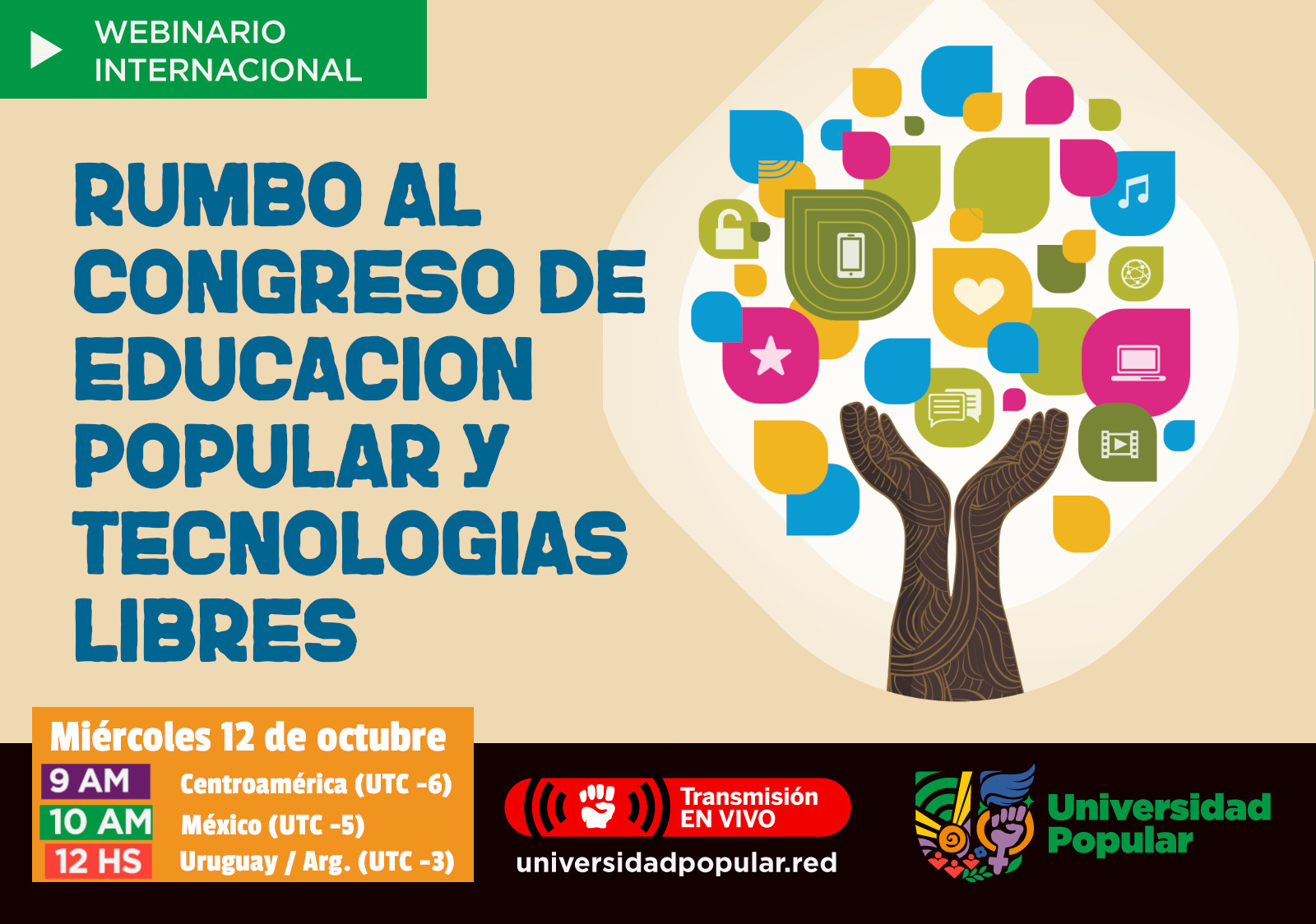 Flyer del webinario "Rumbo al Congreso de Educación Popular y Tecnologías Libres".